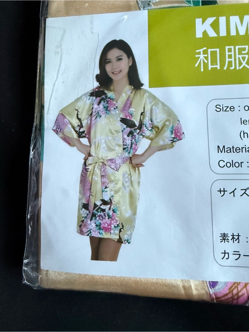Kimono-Style Satin-like Robe in Pale Gold with Floral Print